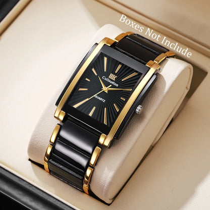 Fashion Rectangle Men Business Watches Luxury Stainless Steel Strap Quartz Wristwatch For Mens Clock Reloj Hombre（Without Box）