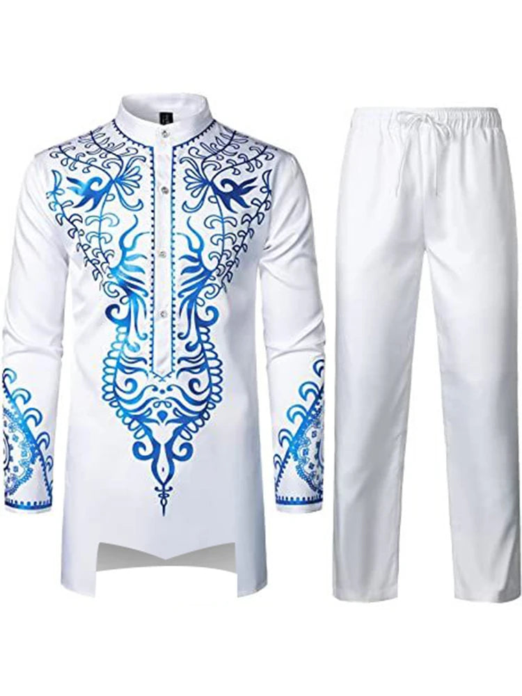 Muslim Robe Black White Yellow Navy Blue Long-Sleeved Trousers The Traditional Dress of Arab Men 3D Pattern Printing