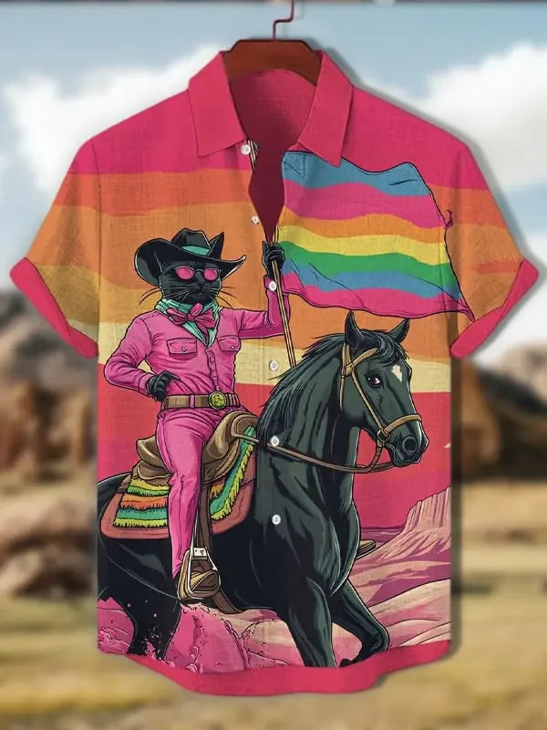Funny Men's Cat Drinking Beer Shirts 3D Print Hawaiian Shirts Summer Men Women Short Sleeve Blouse Casual Vacation Beach Y2k Top