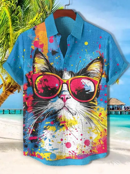 Funny Men's Cat Drinking Beer Shirts 3D Print Hawaiian Shirts Summer Men Women Short Sleeve Blouse Casual Vacation Beach Y2k Top