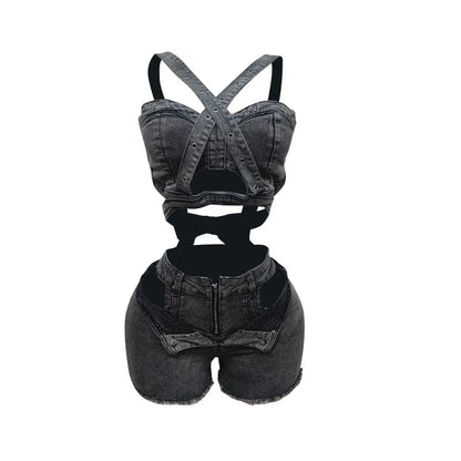 Ensemble 2 pièces Denim – Top Halter & Short Mini – Style Sexy & Club