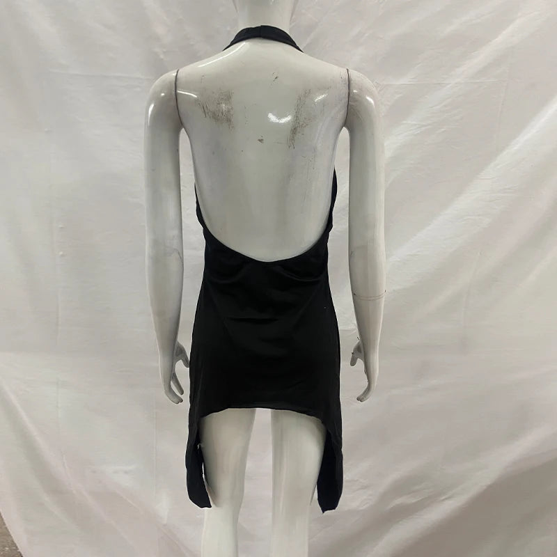 Hottie Irregular Wild Sexy Classic Halter Deep V Neck High Waist Open Back Sleeveless Mini Dress Rave Party Night Club Wear