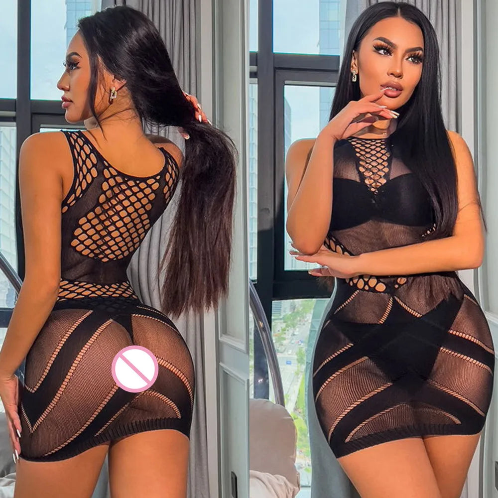 Fishnet Short Dress Sexy Lingerie For Women Wrap Hip Skirt Babydoll Sleepwear Fishnet Short Net Skirt Sexiest Slim Mini Dress