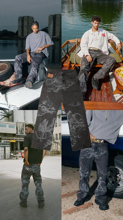 Jean Baggy Y2K "Angel Cupids Arrow" – Style Rétro Américain, Coupe Droite &amp; Denim Stonewashed