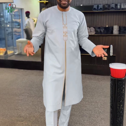 New African Traditional Clothes For Business Men Embroidery Dashiki Robe Shirt and Pants Sets 2 PCS Outfits Wedding Party 2025