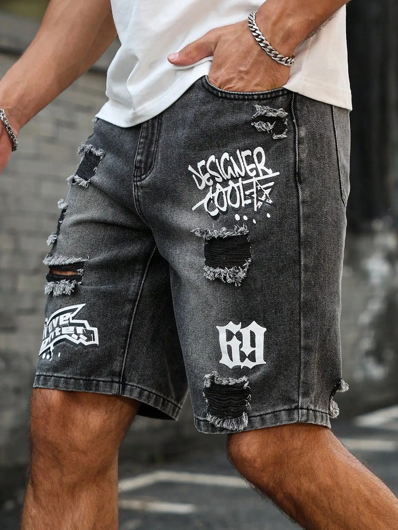 Short Denim Déchiré Imprimé – Style Casual Distressed &amp; Confort d'Été