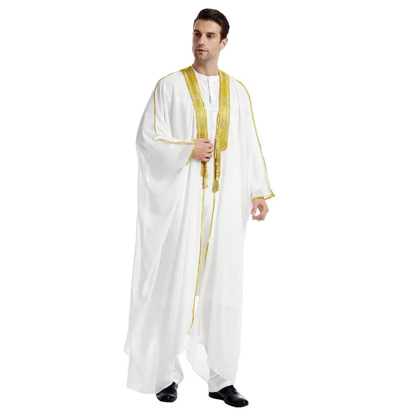 Islamic Men's Embroidered Prayer Robe Moroccan Open Abaya Kimono Eid Al Fitr Traditional Muslim Costume