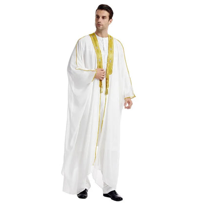 Islamic Men's Embroidered Prayer Robe Moroccan Open Abaya Kimono Eid Al Fitr Traditional Muslim Costume
