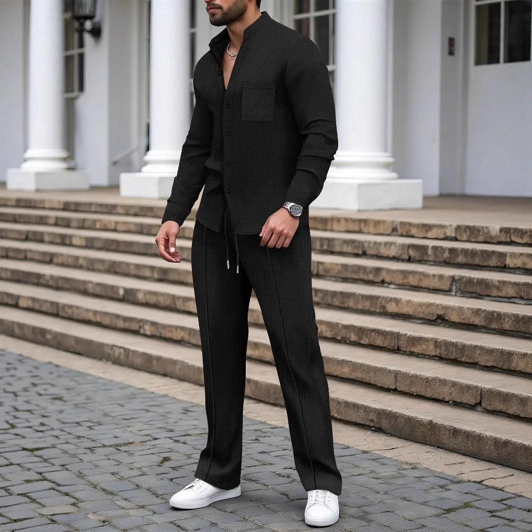 New autumn men's suit, waffle plain-colored long-sleevedshirt with pocket cardigan, stylish men's casual clothing long pants set