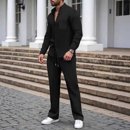 New autumn men's suit, waffle plain-colored long-sleevedshirt with pocket cardigan, stylish men's casual clothing long pants set