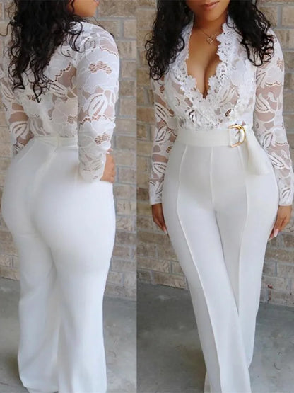 White Jumpsuit Women Overalls Elegant Lace Long One Piece High Waist Feather Y2k Sexy Wedding Party Night Evening Rompers