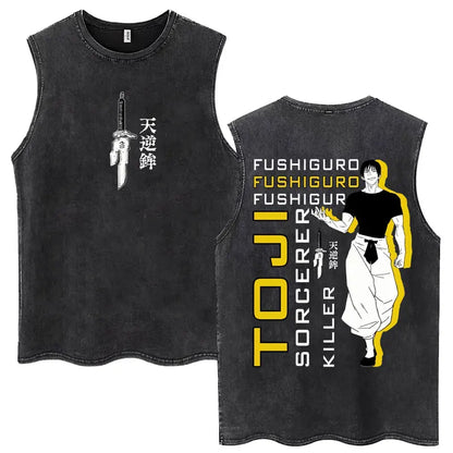 Anime Jujutsu Kaisen Satoru Gojo Vintage Wash Tank Tops Men Women Classic Manga Cotton T Shirt Fashion Loose Sleeveless T-Shirt