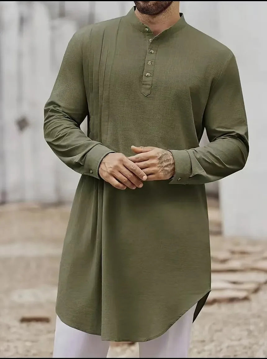 2026 Summer New Muslim Middle East Arab Malaysia Mens Button Cotton Linen Shirt Muslim Robe Long Sleeve Traditional Tops