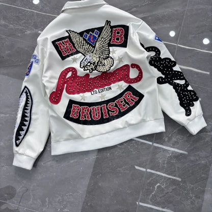 Heavy Industry Embroidery American Retro Motorcycle Coat Men's and Women's Stand Collar Flight Jacket Leather Jacket New Coat