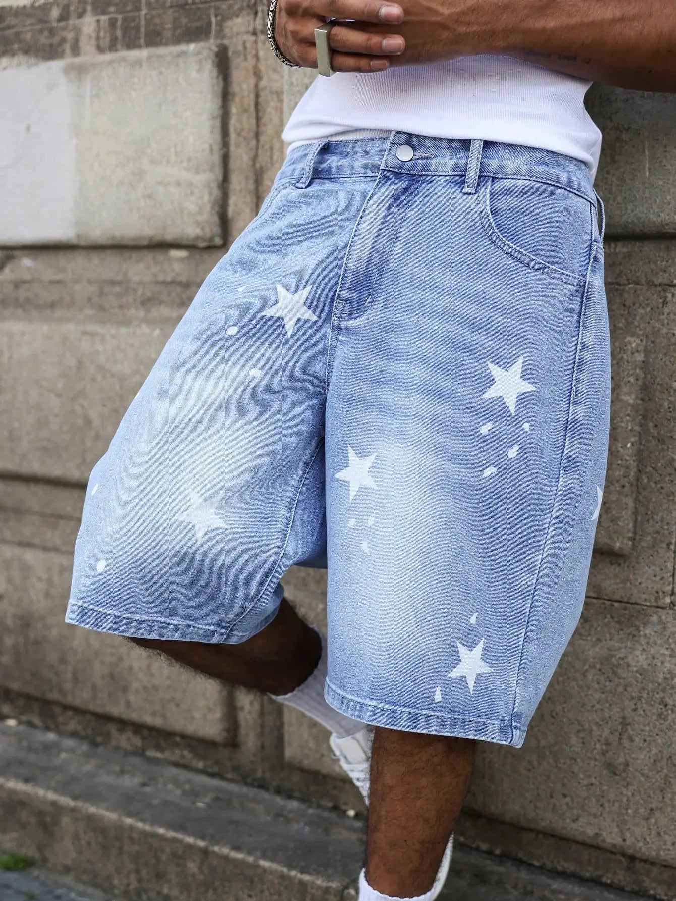 Short en Jean Ample Imprimé Étoiles – Style Casual, Lavage aux Enzymes &amp; Look d'Été