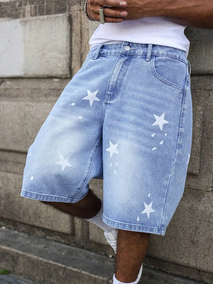 Short en Jean Ample Imprimé Étoiles – Style Casual, Lavage aux Enzymes &amp; Look d'Été