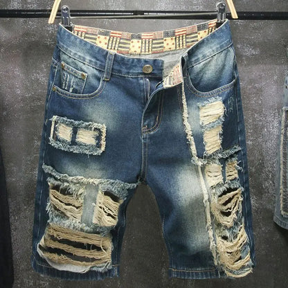 Short Denim Patchwork &amp; Déchiré Homme – Style Casual, Coupe Ajustée &amp; Lavage Souple