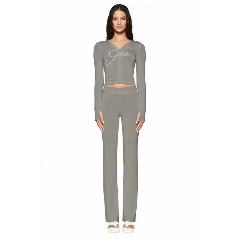 slim fit shoulder floral print bright line design slim fit hooded zipper short jacket pants for women