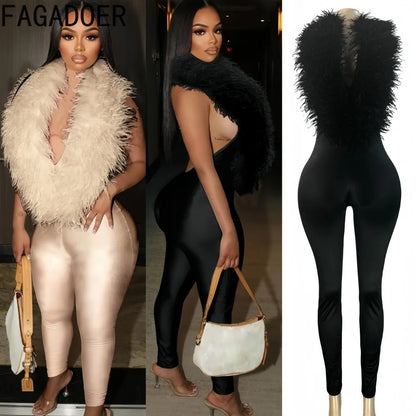 FAGADOER Winter New Sexy Fur Patchwork Bodycon Jumpsuits Woman Halter Deep V-neck Sleeveless Rompers Female Streetwear Overalls