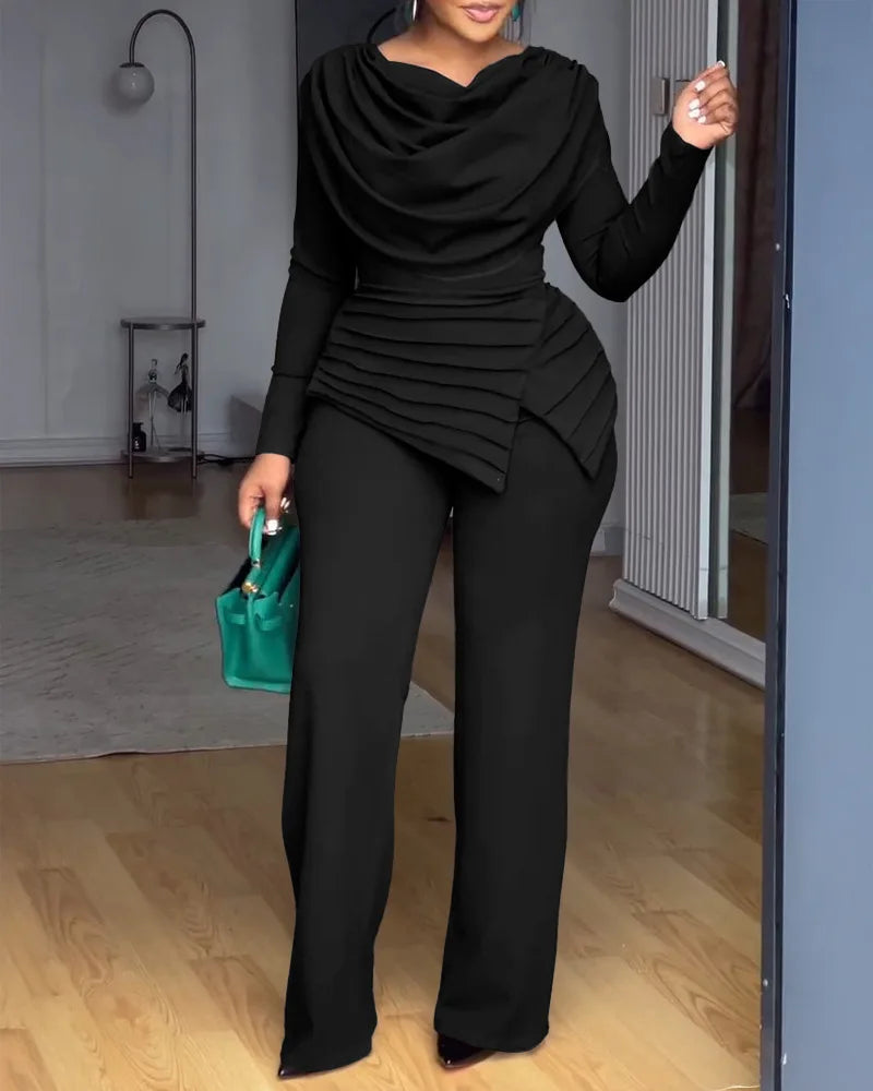 2025 Swing Collar Ruched Jumpsuit Long Sleeve Solid Elegant Office Lady Asymmetric Hem Casual Vintage Ruched Slim Autumn