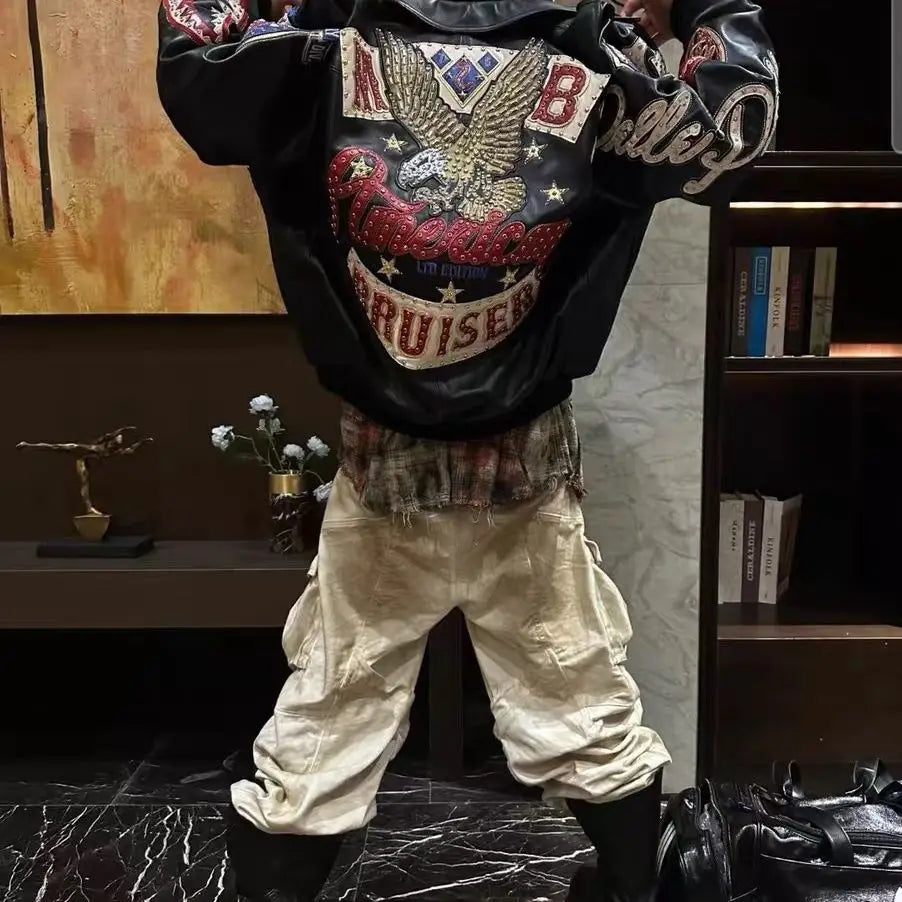 Heavy Industry Embroidery American Retro Motorcycle Coat Men's and Women's Stand Collar Flight Jacket Leather Jacket New Coat