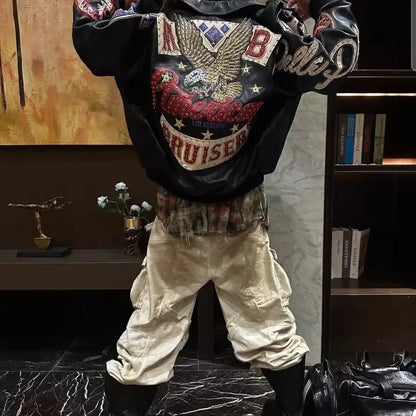 Heavy Industry Embroidery American Retro Motorcycle Coat Men's and Women's Stand Collar Flight Jacket Leather Jacket New Coat
