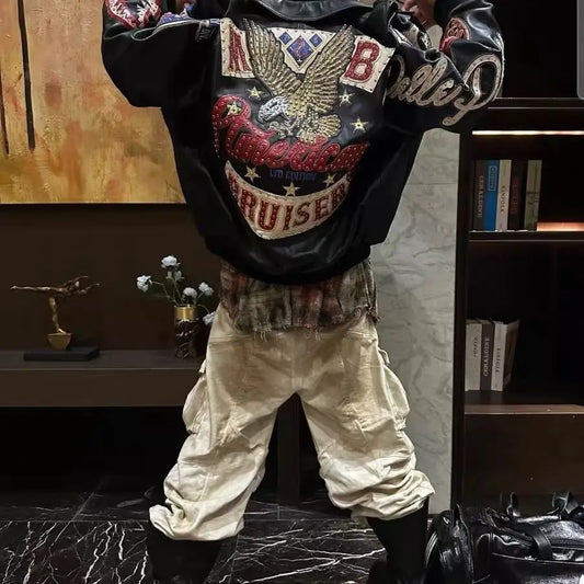 Heavy Industry Embroidery American Retro Motorcycle Coat Men's and Women's Stand Collar Flight Jacket Leather Jacket New Coat
