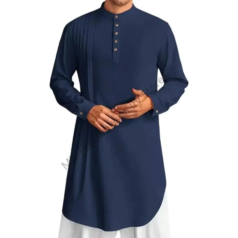 Q6PF Fashion Long Sleeve Men Thobe Ethnic Shirt Ramadans Gown Moroccan Robe