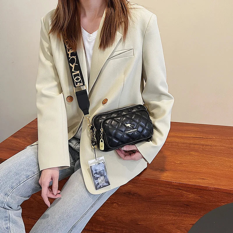 Argyle Pattern Simple Shoulder Bag, Multiple Pockets Crossbody Bags, Zipper Closure Women Leather Bag, Designer Bag, Purses