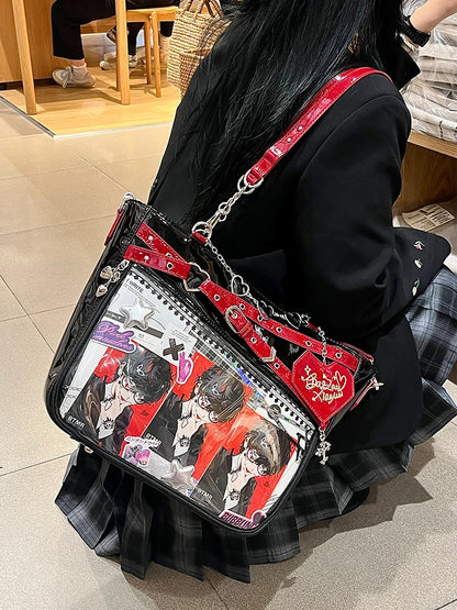 Y2k Aesthetic Underarm Ita Bag Streetwear Girl Transparent Shoulder Bag Heart Shape Chic Chain Handbag DIY Display Crossbody Bag