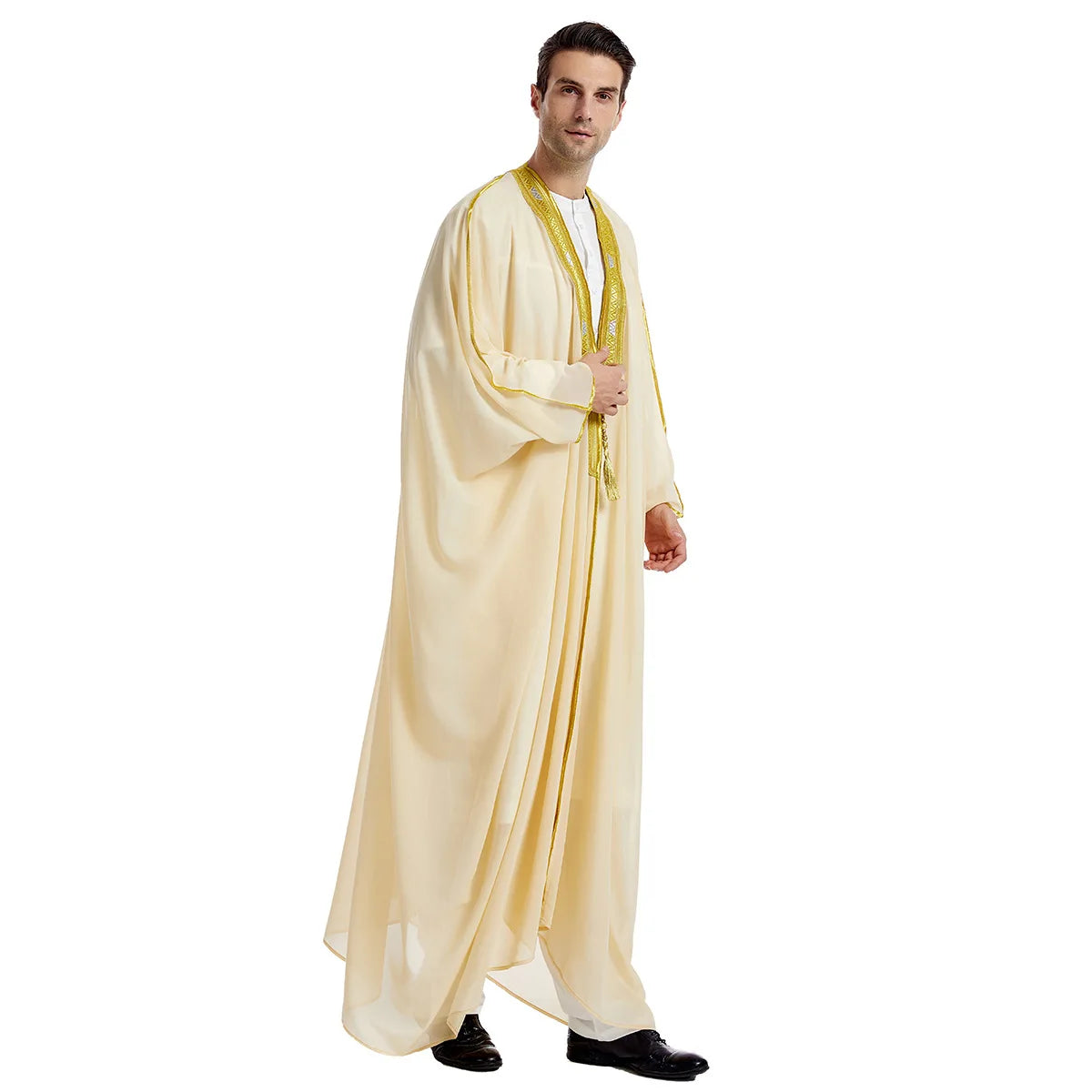 Islamic Men's Embroidered Prayer Robe Moroccan Open Abaya Kimono Eid Al Fitr Traditional Muslim Costume