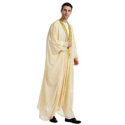 Islamic Men's Embroidered Prayer Robe Moroccan Open Abaya Kimono Eid Al Fitr Traditional Muslim Costume