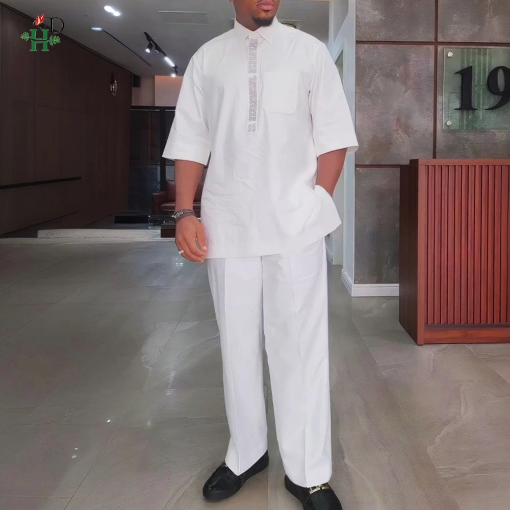 New African Traditional Clothes For Business Men Embroidery Dashiki Robe Shirt and Pants Sets 2 PCS Outfits Wedding Party 2025