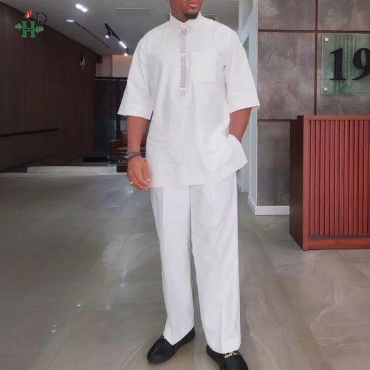New African Traditional Clothes For Business Men Embroidery Dashiki Robe Shirt and Pants Sets 2 PCS Outfits Wedding Party 2025