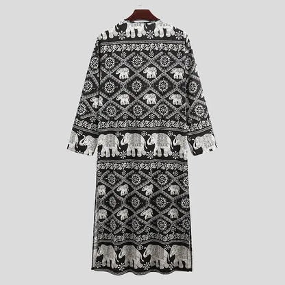 Men's Muslim Robes Ethnic Graphics Printed Long Sleeve Cotton Pockets Robes Casual Islamic Arab Kaftan Dubai Kaftan 2025 New