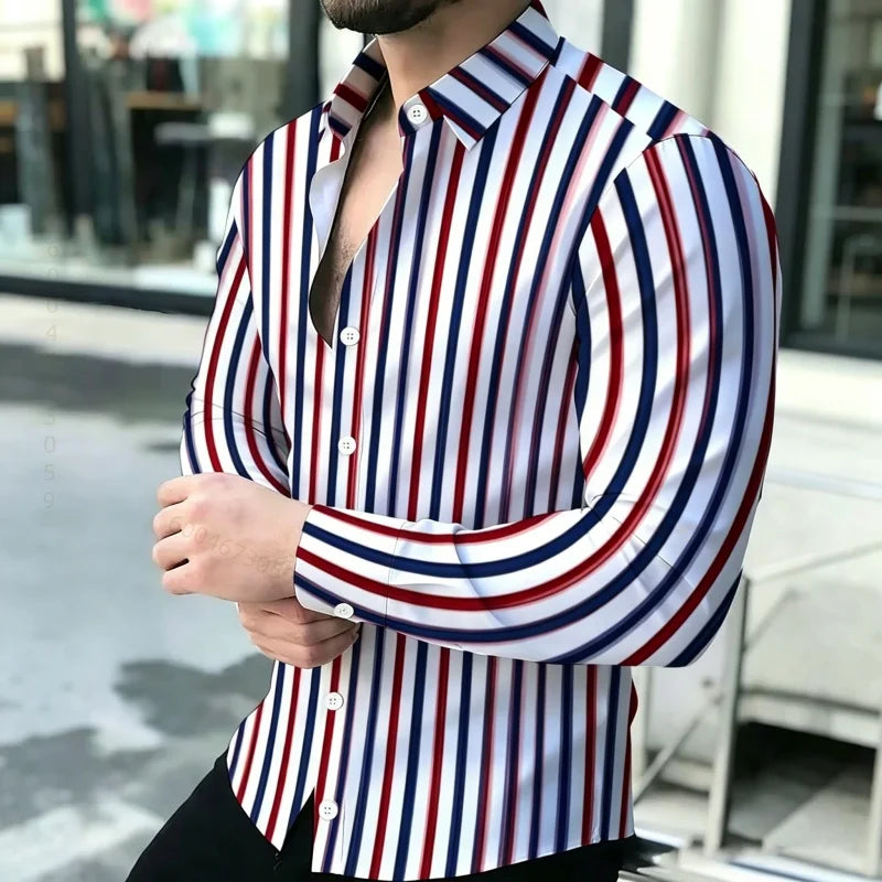 Men's shirt with contrasting stripes, long sleeved shirt, simple geometric lines, slim fit shirt, high-quality business top