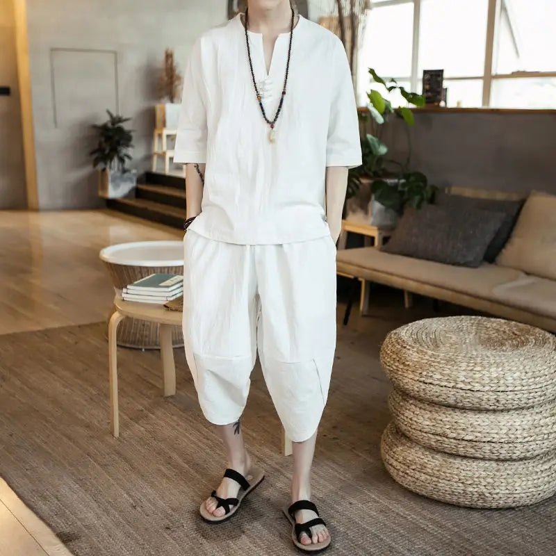 Loose Men's Short Sleeve T-Shirt Set Spring Summer Vintage Retro Tang Costume Hanfu Two-Piece Set Fitness Casual Wear Cotton