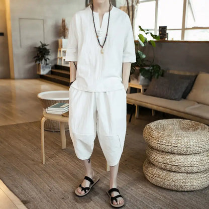 Loose Men's Short Sleeve T-Shirt Set Spring Summer Vintage Retro Tang Costume Hanfu Two-Piece Set Fitness Casual Wear Cotton