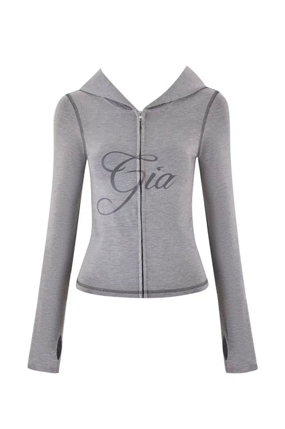 slim fit shoulder floral print bright line design slim fit hooded zipper short jacket pants for women