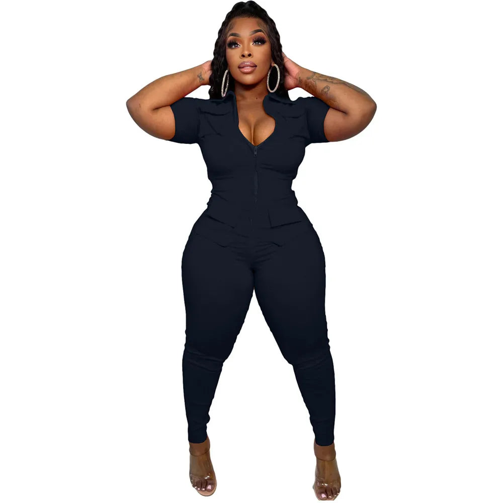 Wmstar Jumpsuit Women Summer Romper V Neck Zipper Short Sleeves Solid Pockets One Piece Outfits Bodysuit Wholesale Dropshipping