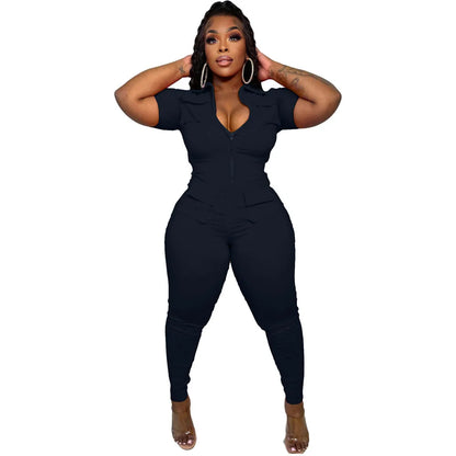 Wmstar Jumpsuit Women Summer Romper V Neck Zipper Short Sleeves Solid Pockets One Piece Outfits Bodysuit Wholesale Dropshipping