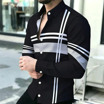 Men's shirt with contrasting stripes, long sleeved shirt, simple geometric lines, slim fit shirt, high-quality business top