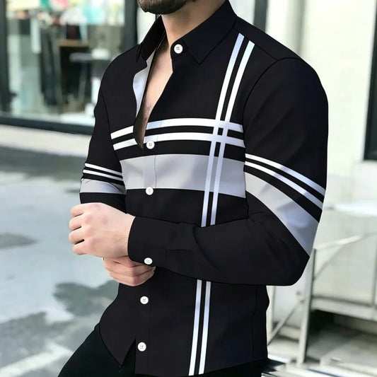 Men's shirt with contrasting stripes, long sleeved shirt, simple geometric lines, slim fit shirt, high-quality business top