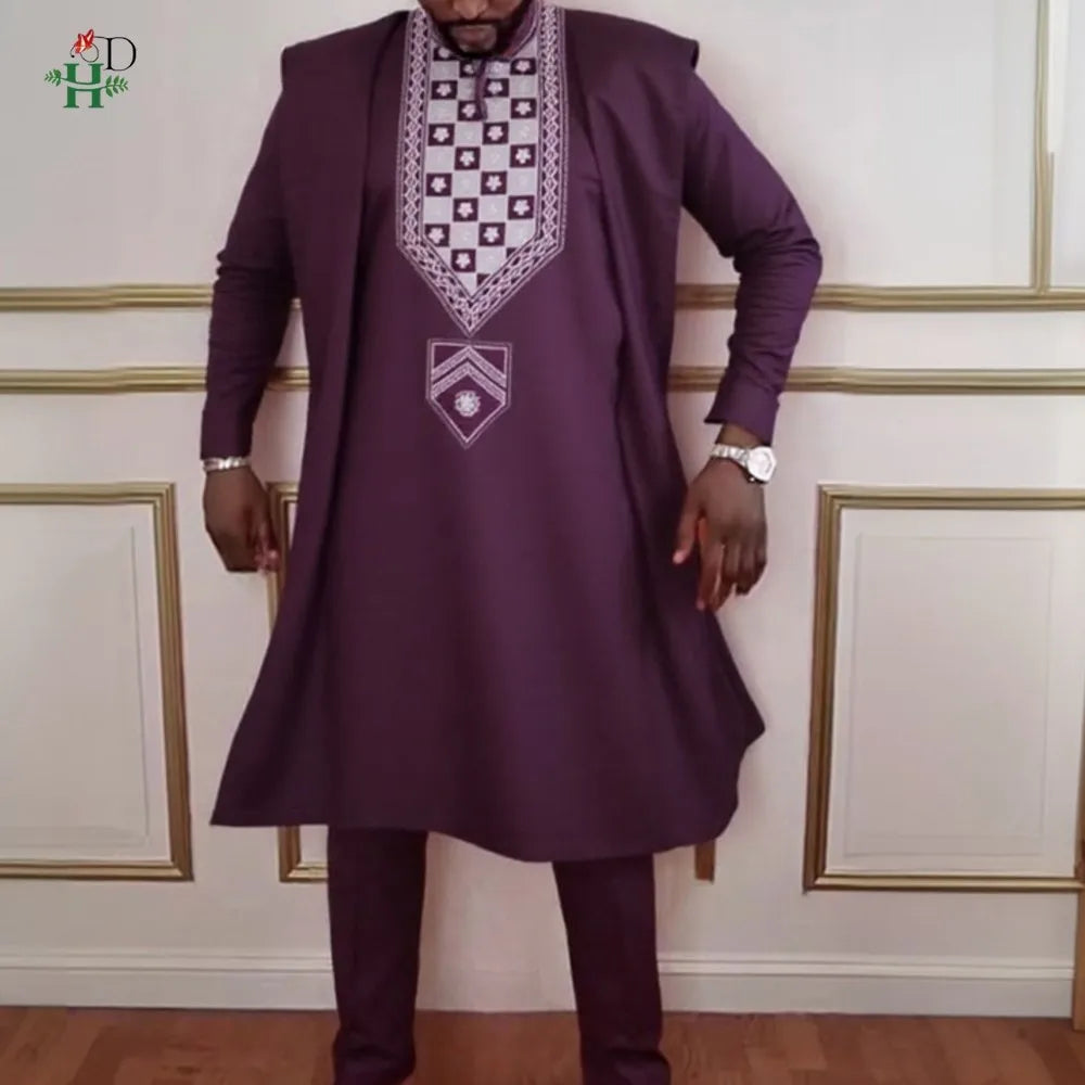 H&D African Clothing Traditional 3PCS Outfit For Man Bazin Riche Agbada Embroidery Wedding Party Plus Size Muslim Men Clothing