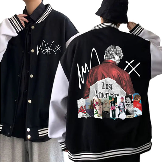 Rapper MGK Lost Americana Tour Album Baseball Uniform Hoodie Jacket Unisex Harajuku Sweatshirt Fan Gift