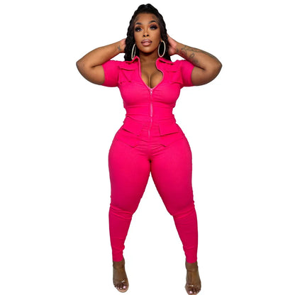 Wmstar Jumpsuit Women Summer Romper V Neck Zipper Short Sleeves Solid Pockets One Piece Outfits Bodysuit Wholesale Dropshipping