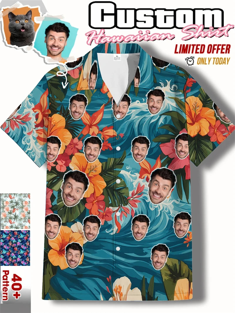 Free Custom Photo Face Team Hawaiian Man Shirts Coconut Tree Pattern Personalized Diy Face Beach Men Short Sleeve Aloha Shirts