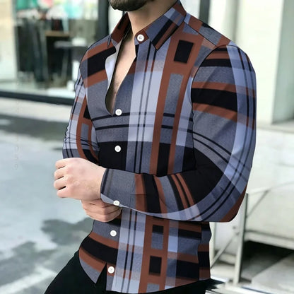 Men's shirt with contrasting stripes, long sleeved shirt, simple geometric lines, slim fit shirt, high-quality business top