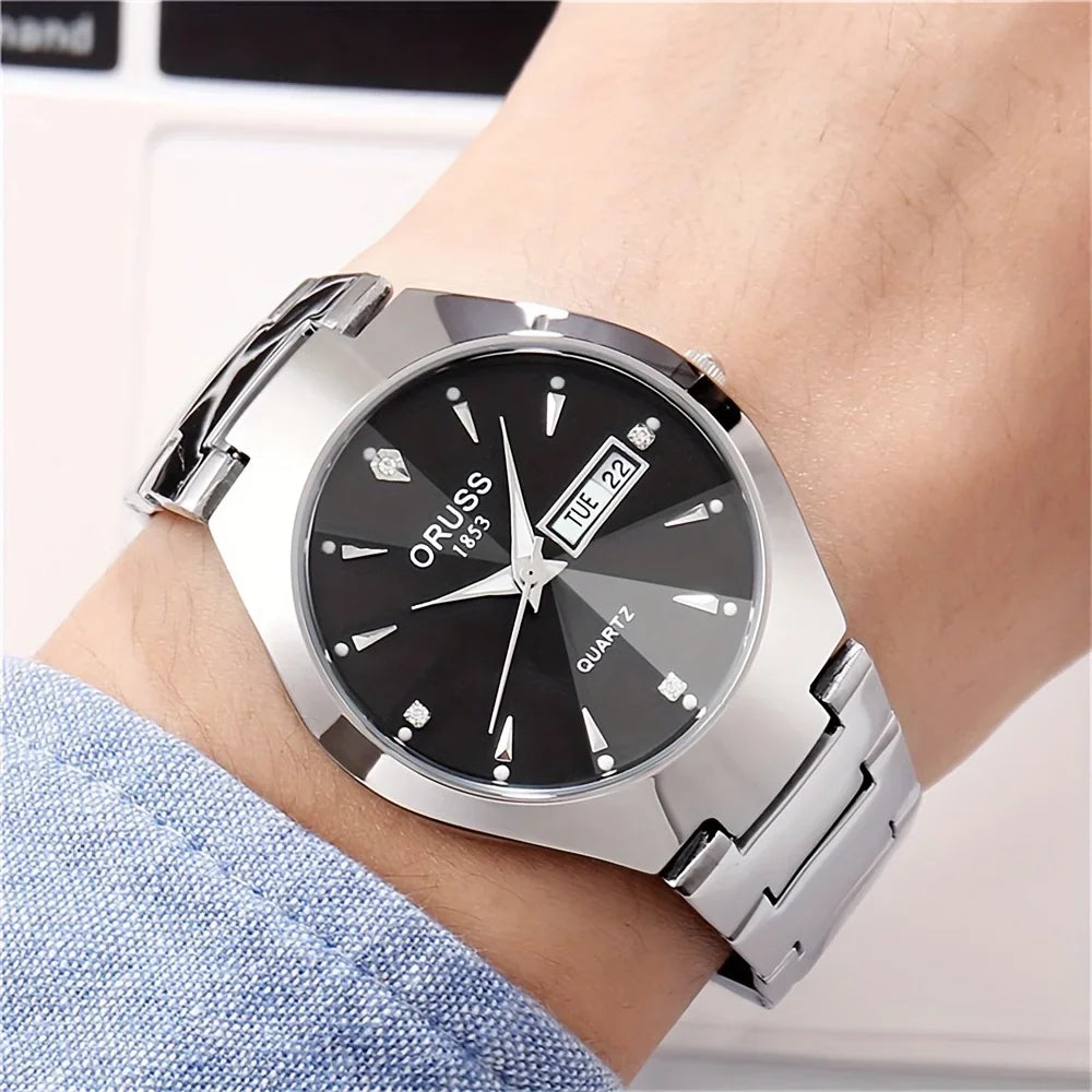 2pcs Couples Dial Cutting Quartz Watch Business Fashion Analog Calendar Wrist Watch Valentines Gift For Men Women Date Watch