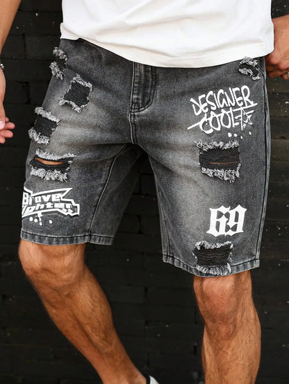 Short Denim Déchiré Imprimé – Style Casual Distressed &amp; Confort d'Été